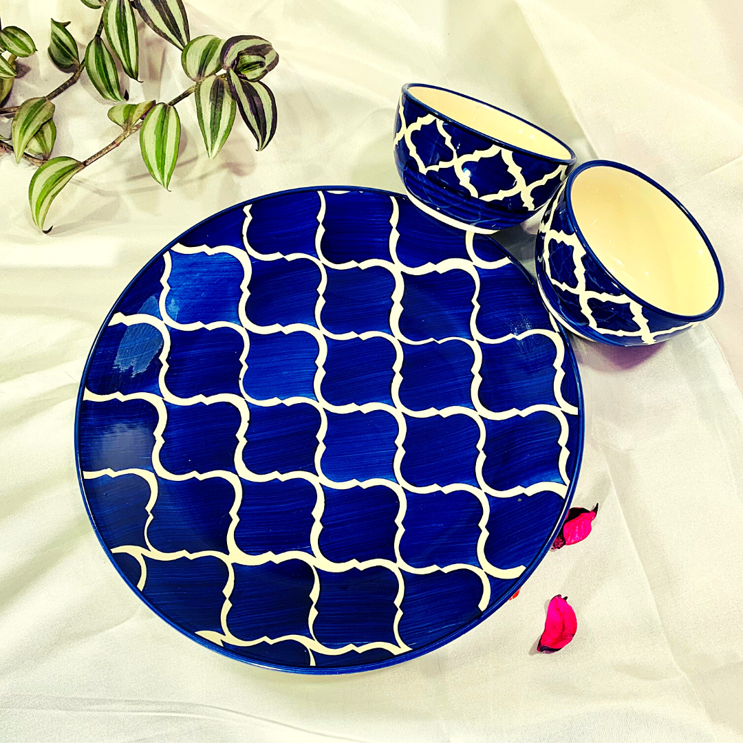 Homefrills Stoneware Blue Moroccan Hand-Painted Full Size Ceramic Dinner Plate/ Thali with 2 Katoris/ Ceramic Bowl(3 Pieces Set, Serving for 1,Dishwasher Safe,Microwave Safe)Colour- Blue
